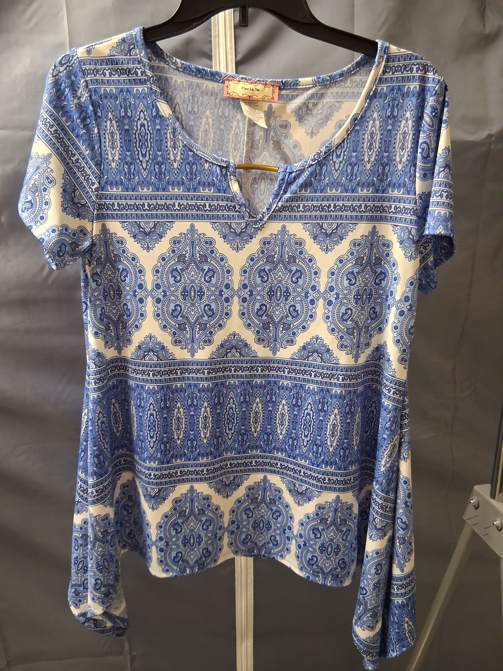Blue Paisley Short Sleeve Split-Neck Tee by Charlie B